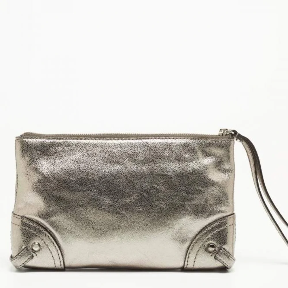 Michael Kors Fallon Metallic gray leather Wristlet Clutch with dust bag NWOT